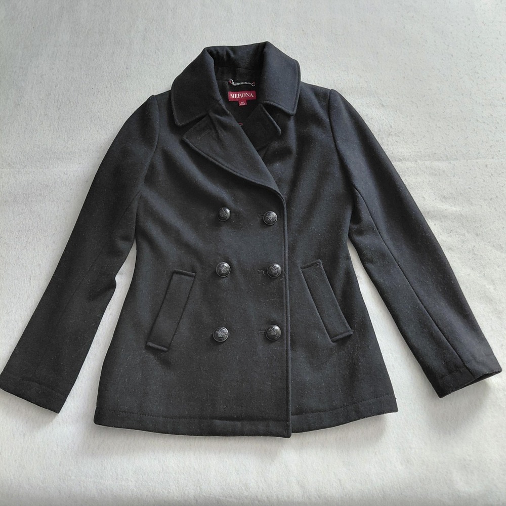 Vintage Merona Pea Coat Double Breasted Black Wool Women Small Petite Jacket